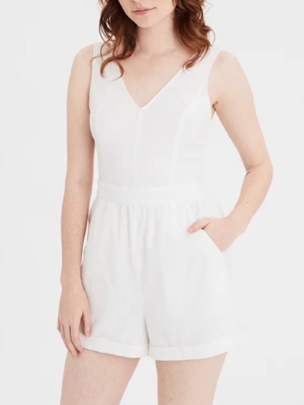 American Eagle White Linen Cotton Blend Crossover Sleeve Romper Size Small